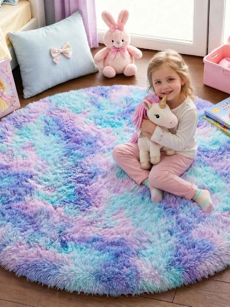 Fluffy Kawaii Round Rug 4ft For Girls Bedroom Decor, Purple Rainbow Mermaid Rugs